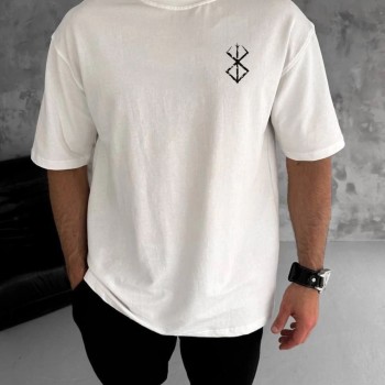 Erkek Kısa Kol Yazlık Tişört Bisiklet Yaka Baskılı Oversize T-Shirt - Beyaz
