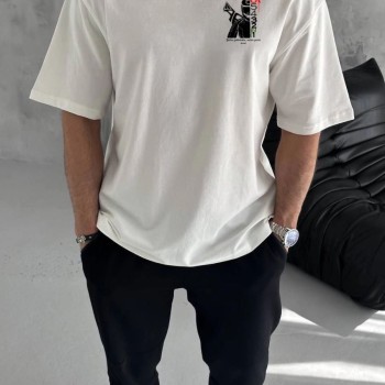 Erkek Kısa Kol Yazlık Tişört Bisiklet Yaka Baskılı Oversize T-Shirt - Beyaz