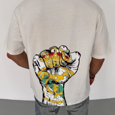 Erkek Kısa Kol Yazlık Tişört Bisiklet Yaka Baskılı Oversize T-Shirt - Beyaz