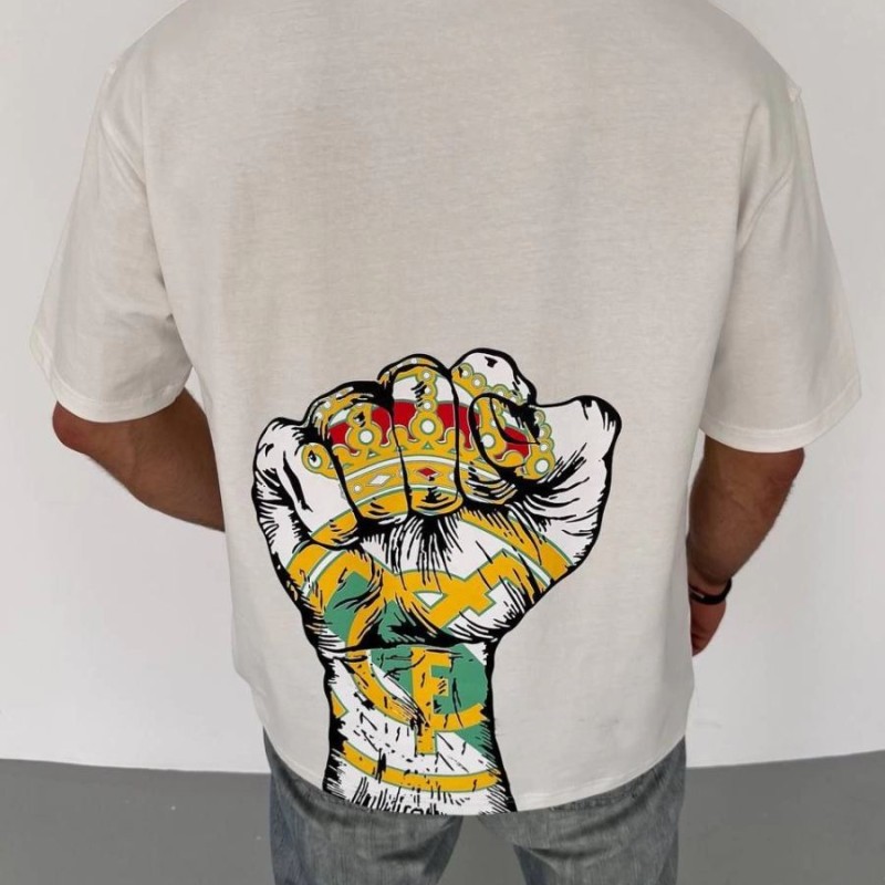 Erkek Kısa Kol Yazlık Tişört Bisiklet Yaka Baskılı Oversize T-Shirt - Beyaz