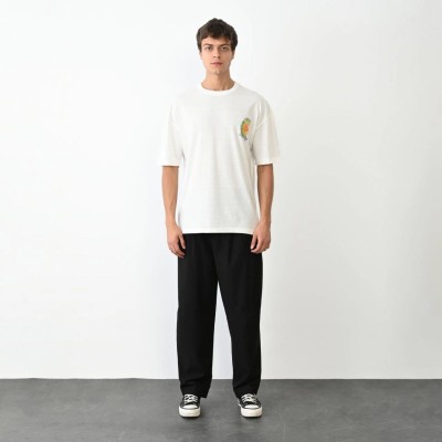 Erkek Kısa Kol Yazlık Tişört Bisiklet Yaka Baskılı Oversize T-Shirt - Beyaz