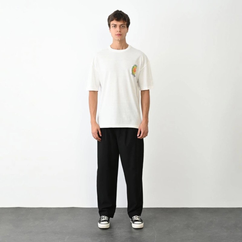 Erkek Kısa Kol Yazlık Tişört Bisiklet Yaka Baskılı Oversize T-Shirt - Beyaz