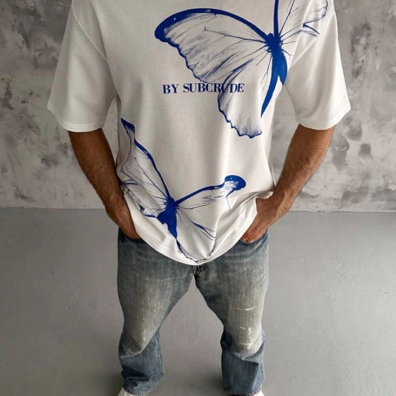 Erkek Kısa Kol Yazlık Tişört Bisiklet Yaka Baskılı Oversize T-Shirt - Beyaz