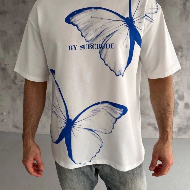 Erkek Kısa Kol Yazlık Tişört Bisiklet Yaka Baskılı Oversize T-Shirt - Beyaz