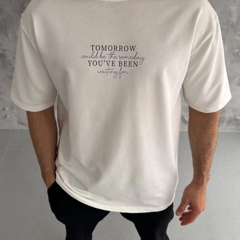 Erkek Kısa Kol Yazlık Tişört Bisiklet Yaka Baskılı Oversize T-Shirt - Beyaz