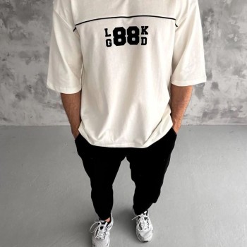 Erkek Kısa Kol Yazlık Tişört Bisiklet Yaka Baskılı Oversize T-Shirt - Beyaz
