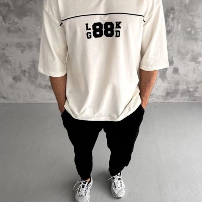 Erkek Kısa Kol Yazlık Tişört Bisiklet Yaka Baskılı Oversize T-Shirt - Beyaz