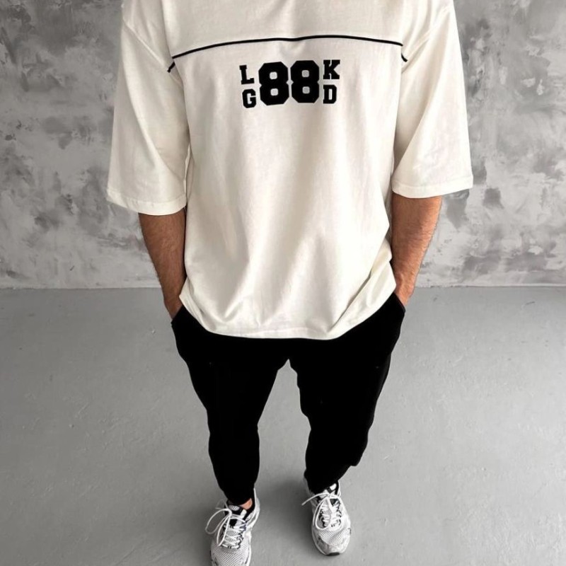 Erkek Kısa Kol Yazlık Tişört Bisiklet Yaka Baskılı Oversize T-Shirt - Beyaz