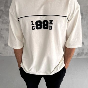 Erkek Kısa Kol Yazlık Tişört Bisiklet Yaka Baskılı Oversize T-Shirt - Beyaz