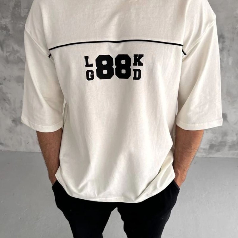 Erkek Kısa Kol Yazlık Tişört Bisiklet Yaka Baskılı Oversize T-Shirt - Beyaz