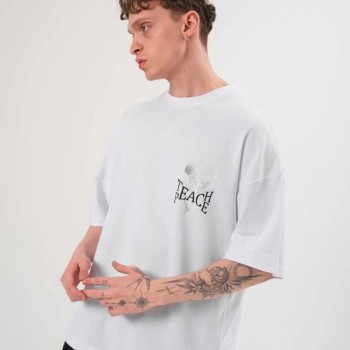 Erkek Kısa Kol Yazlık Tişört Bisiklet Yaka Baskılı Oversize T-Shirt - Beyaz