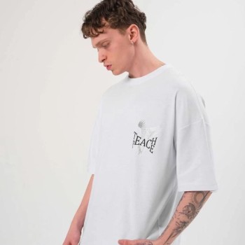Erkek Kısa Kol Yazlık Tişört Bisiklet Yaka Baskılı Oversize T-Shirt - Beyaz
