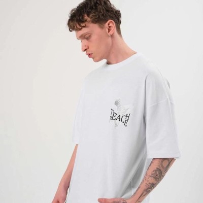 Erkek Kısa Kol Yazlık Tişört Bisiklet Yaka Baskılı Oversize T-Shirt - Beyaz