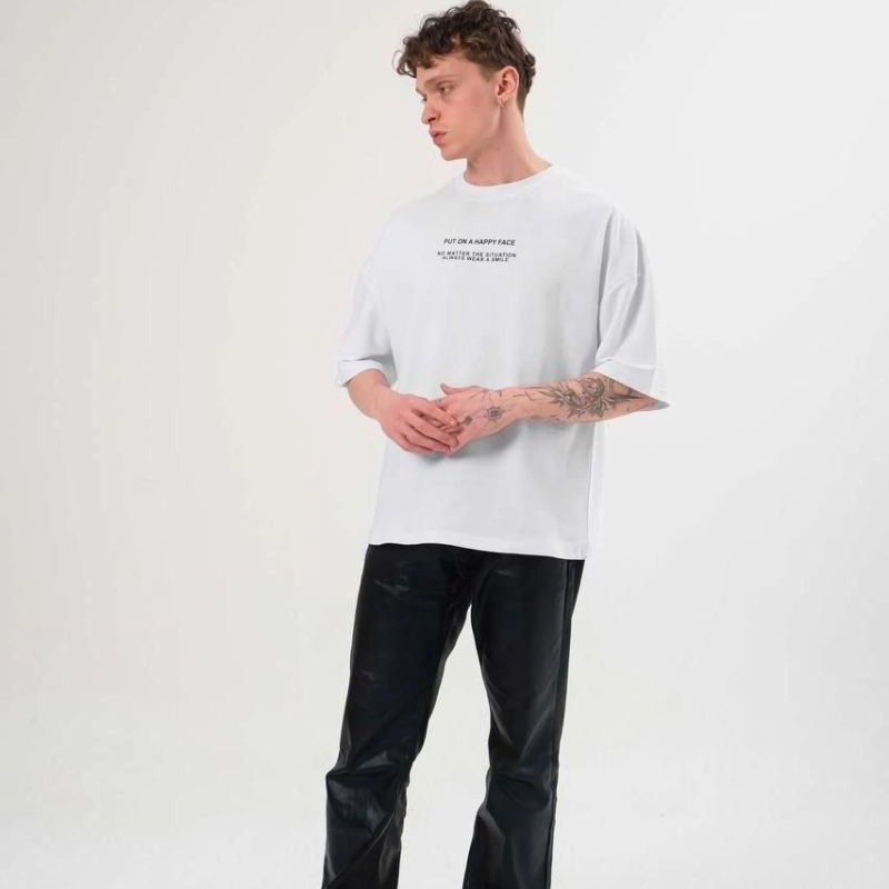 Erkek Kısa Kol Yazlık Tişört Bisiklet Yaka Baskılı Oversize T-Shirt - Beyaz