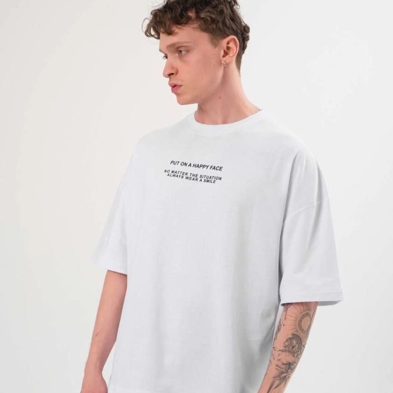 Erkek Kısa Kol Yazlık Tişört Bisiklet Yaka Baskılı Oversize T-Shirt - Beyaz