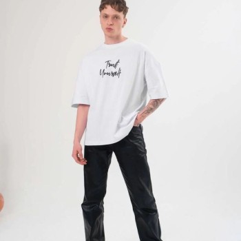 Erkek Kısa Kol Yazlık Tişört Bisiklet Yaka Baskılı Oversize T-Shirt -  Beyaz
