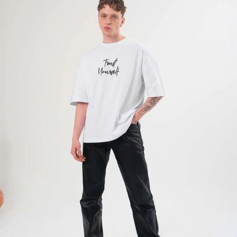 Erkek Kısa Kol Yazlık Tişört Bisiklet Yaka Baskılı Oversize T-Shirt -  Beyaz