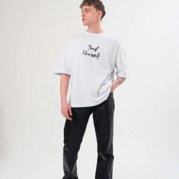Erkek Kısa Kol Yazlık Tişört Bisiklet Yaka Baskılı Oversize T-Shirt -  Beyaz