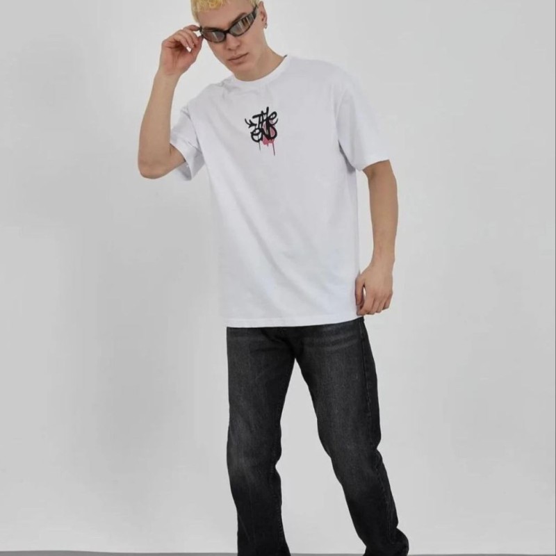 Erkek Kısa Kol Yazlık Tişört Bisiklet Yaka Baskılı Oversize T-Shirt - Beyaz