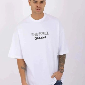 Erkek Kısa Kol Yazlık Tişört Bisiklet Yaka Baskılı Oversize T-Shirt - Beyaz