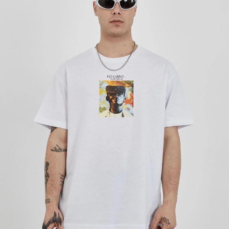 Erkek Kısa Kol Yazlık Tişört Bisiklet Yaka Baskılı Oversize T-Shirt - Beyaz