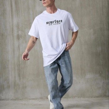 Erkek Kısa Kol Yazlık Tişört Bisiklet Yaka Baskılı Oversize T-Shirt - Beyaz