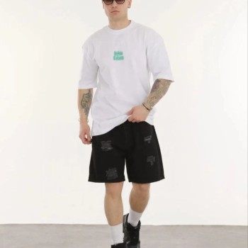 Erkek Kısa Kol Yazlık Tişört Bisiklet Yaka Baskılı Oversize T-Shirt - Beyaz