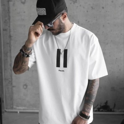Erkek Kısa Kol Yazlık Tişört Bisiklet Yaka Baskılı Oversize T-Shirt - Beyaz