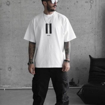 Erkek Kısa Kol Yazlık Tişört Bisiklet Yaka Baskılı Oversize T-Shirt - Beyaz