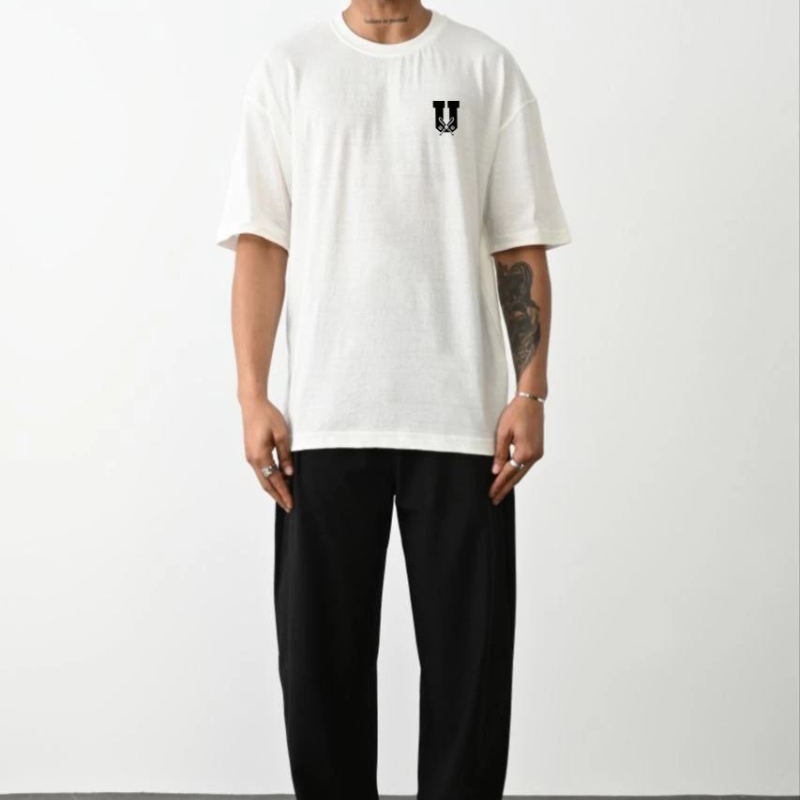 Erkek Kısa Kol Yazlık Tişört Bisiklet Yaka Baskılı Oversize T-Shirt - Beyaz