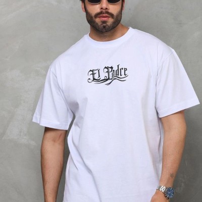Erkek Kısa Kol Yazlık Tişört Bisiklet Yaka Baskılı Oversize T-Shirt - Beyaz