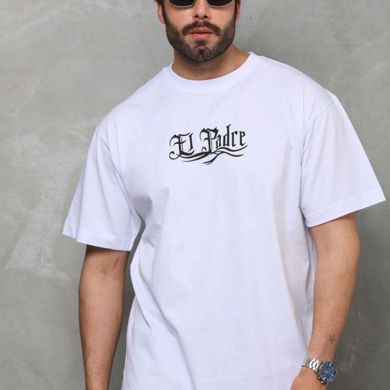 Erkek Kısa Kol Yazlık Tişört Bisiklet Yaka Baskılı Oversize T-Shirt - Beyaz