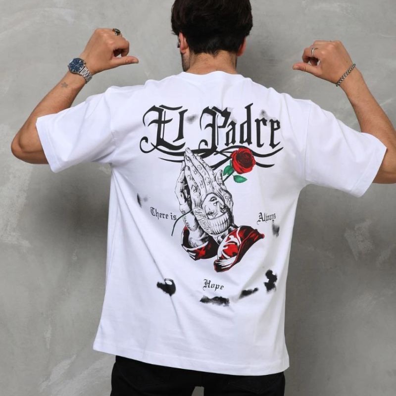 Erkek Kısa Kol Yazlık Tişört Bisiklet Yaka Baskılı Oversize T-Shirt - Beyaz