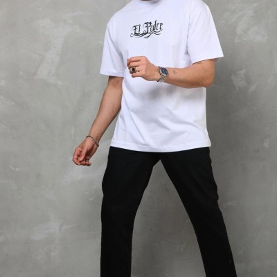 Erkek Kısa Kol Yazlık Tişört Bisiklet Yaka Baskılı Oversize T-Shirt - Beyaz