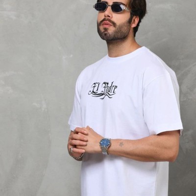 Erkek Kısa Kol Yazlık Tişört Bisiklet Yaka Baskılı Oversize T-Shirt - Beyaz