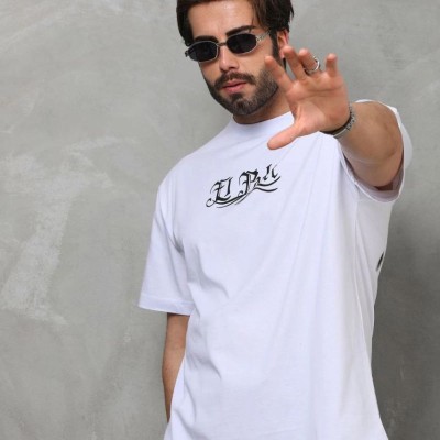 Erkek Kısa Kol Yazlık Tişört Bisiklet Yaka Baskılı Oversize T-Shirt - Beyaz