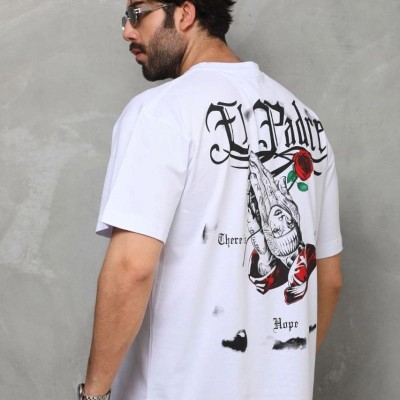 Erkek Kısa Kol Yazlık Tişört Bisiklet Yaka Baskılı Oversize T-Shirt - Beyaz