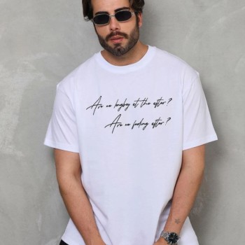 Erkek Kısa Kol Yazlık Tişört Bisiklet Yaka Baskılı Oversize T-Shirt - Beyaz