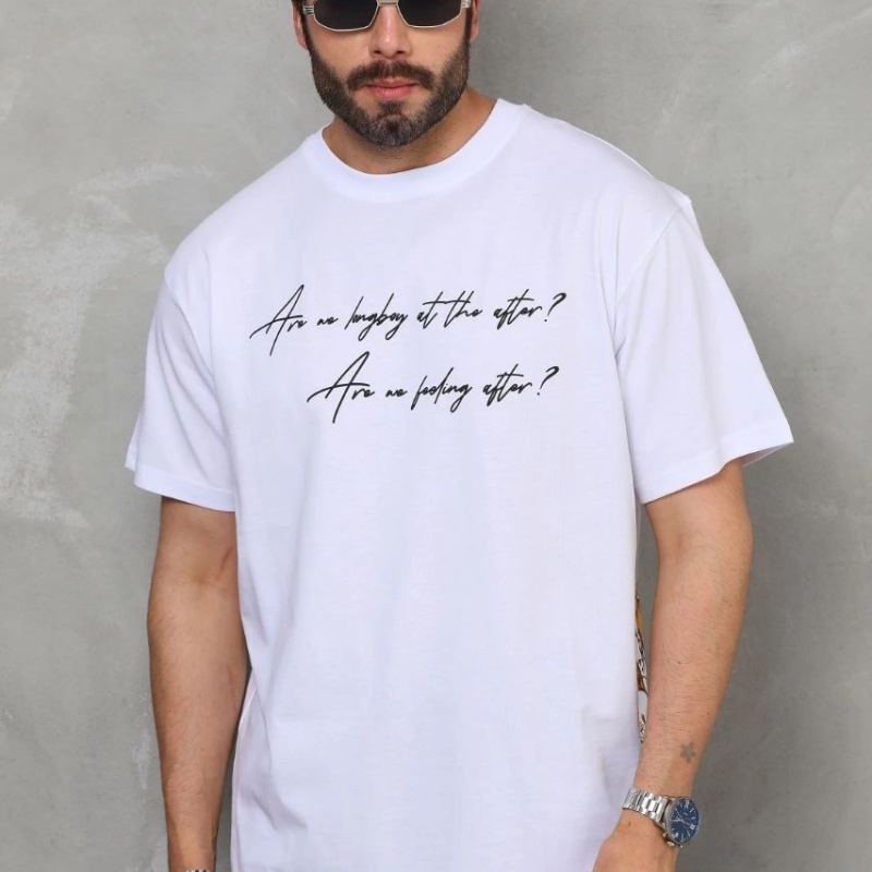 Erkek Kısa Kol Yazlık Tişört Bisiklet Yaka Baskılı Oversize T-Shirt - Beyaz