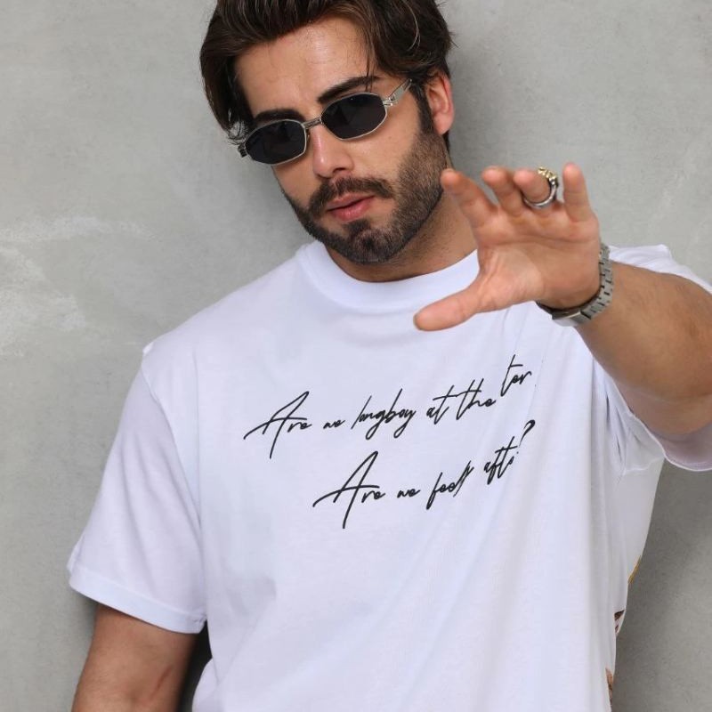 Erkek Kısa Kol Yazlık Tişört Bisiklet Yaka Baskılı Oversize T-Shirt - Beyaz