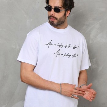 Erkek Kısa Kol Yazlık Tişört Bisiklet Yaka Baskılı Oversize T-Shirt - Beyaz