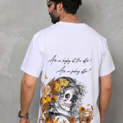 Erkek Kısa Kol Yazlık Tişört Bisiklet Yaka Baskılı Oversize T-Shirt - Beyaz