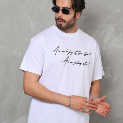 Erkek Kısa Kol Yazlık Tişört Bisiklet Yaka Baskılı Oversize T-Shirt - Beyaz