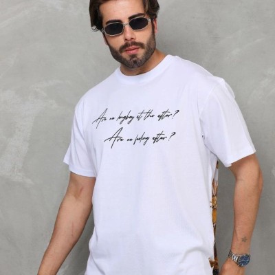 Erkek Kısa Kol Yazlık Tişört Bisiklet Yaka Baskılı Oversize T-Shirt - Beyaz