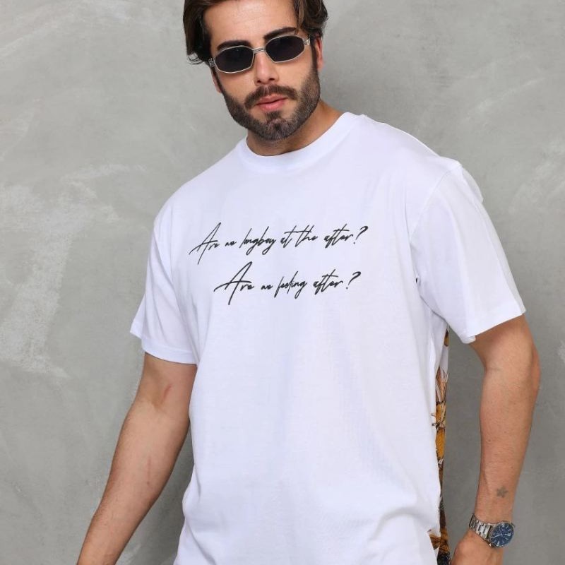 Erkek Kısa Kol Yazlık Tişört Bisiklet Yaka Baskılı Oversize T-Shirt - Beyaz
