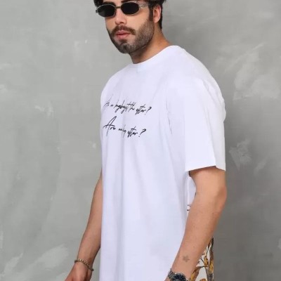 Erkek Kısa Kol Yazlık Tişört Bisiklet Yaka Baskılı Oversize T-Shirt - Beyaz