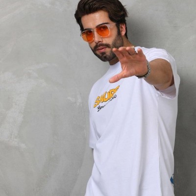 Erkek Kısa Kol Yazlık Tişört Bisiklet Yaka Baskılı Oversize T-Shirt - Beyaz