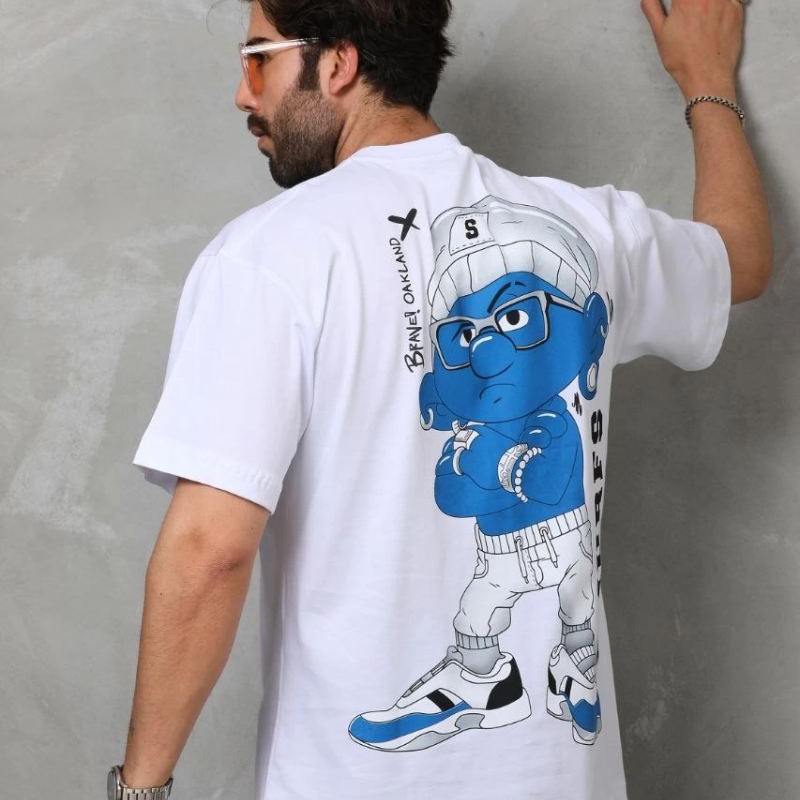 Erkek Kısa Kol Yazlık Tişört Bisiklet Yaka Baskılı Oversize T-Shirt - Beyaz