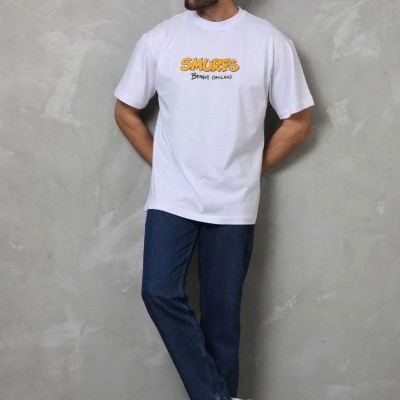 Erkek Kısa Kol Yazlık Tişört Bisiklet Yaka Baskılı Oversize T-Shirt - Beyaz