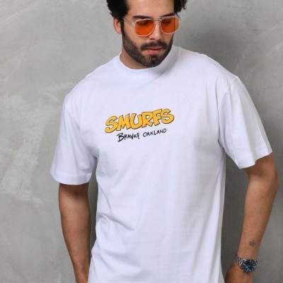 Erkek Kısa Kol Yazlık Tişört Bisiklet Yaka Baskılı Oversize T-Shirt - Beyaz